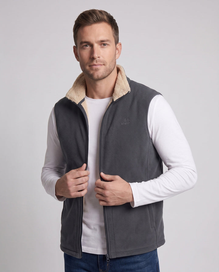 Herr Termisk Fleece Väst med Sherpa Foder, Hög Ståkrage och Dold Sidofickor