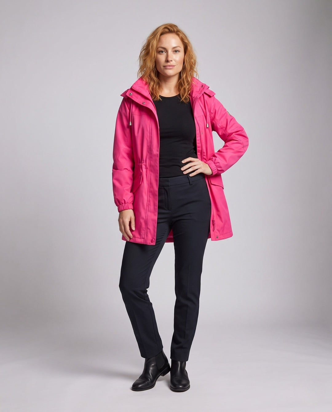 Dam vattenavvisande parka med huva, dragsko midja och flap fickor