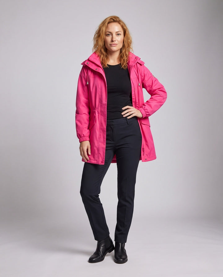 Dam vattenavvisande parka med huva, dragsko midja och flap fickor