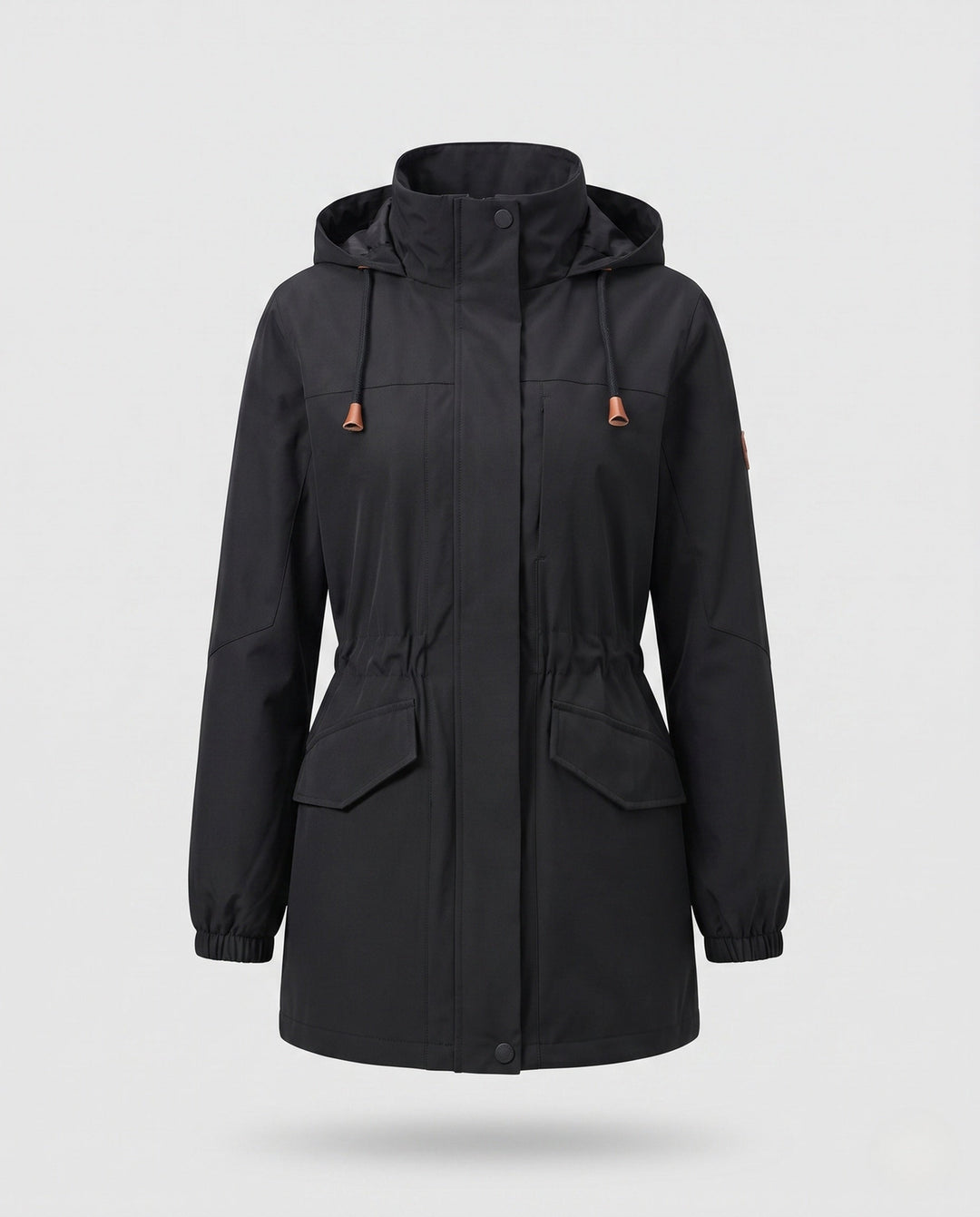 Dam vattenavvisande parka med huva, dragsko midja och flap fickor