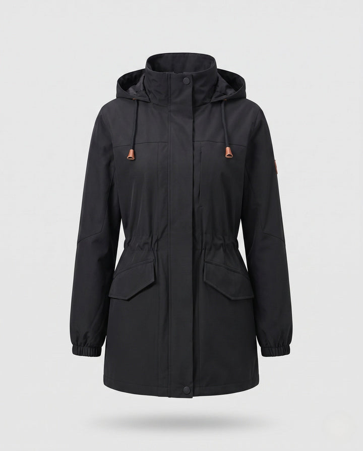 Dam vattenavvisande parka med huva, dragsko midja och flap fickor