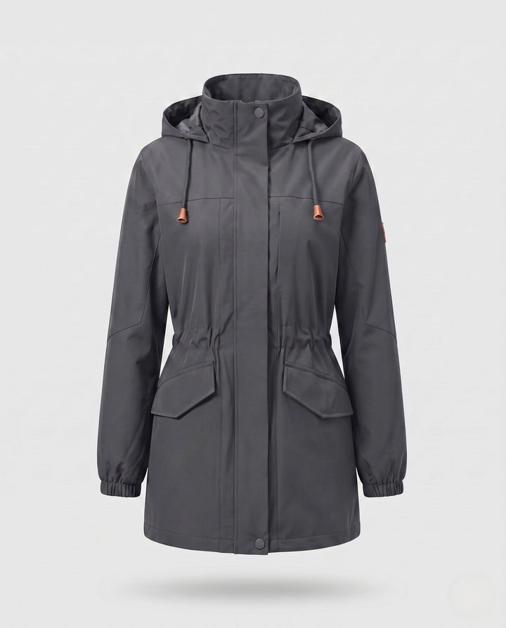 Dam vattenavvisande parka med huva, dragsko midja och flap fickor