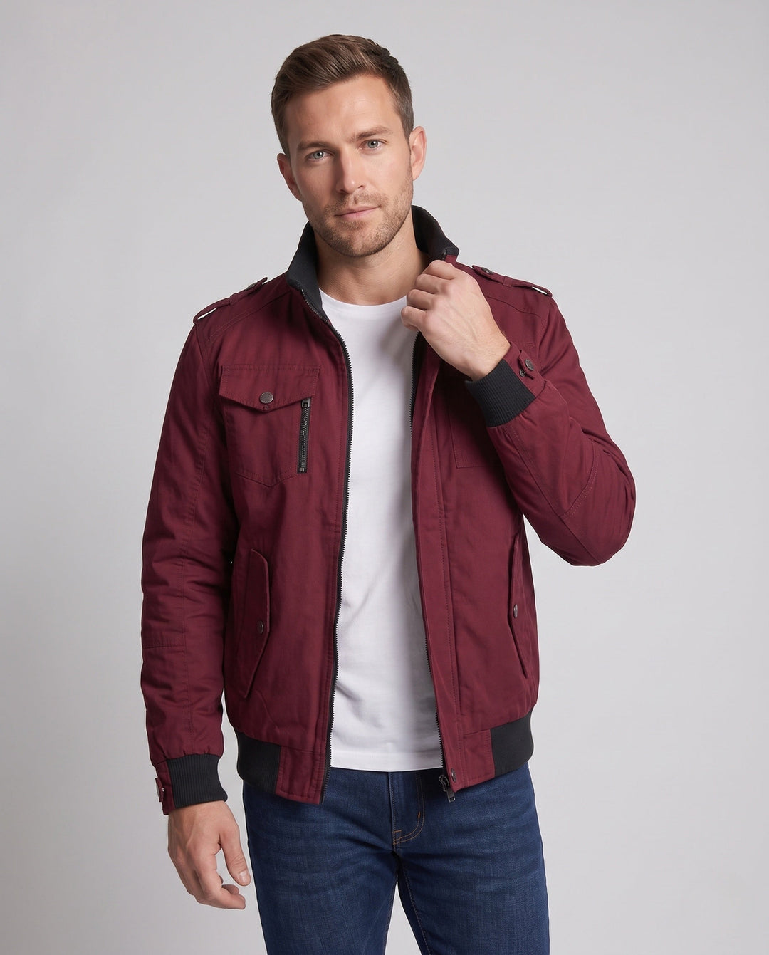 Herr Lätt Bomull Canvas Blouson med Rutig Foder och Ribbstickade Muddar