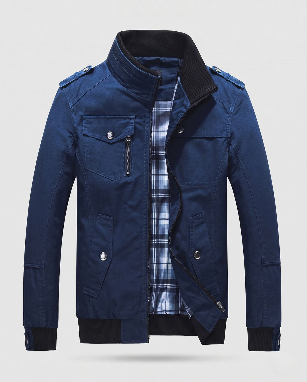 Herr Lätt Bomull Canvas Blouson med Rutig Foder och Ribbstickade Muddar