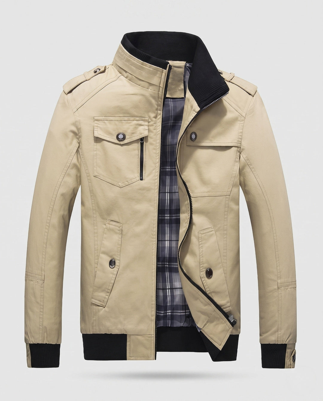 Herr Lätt Bomull Canvas Blouson med Rutig Foder och Ribbstickade Muddar