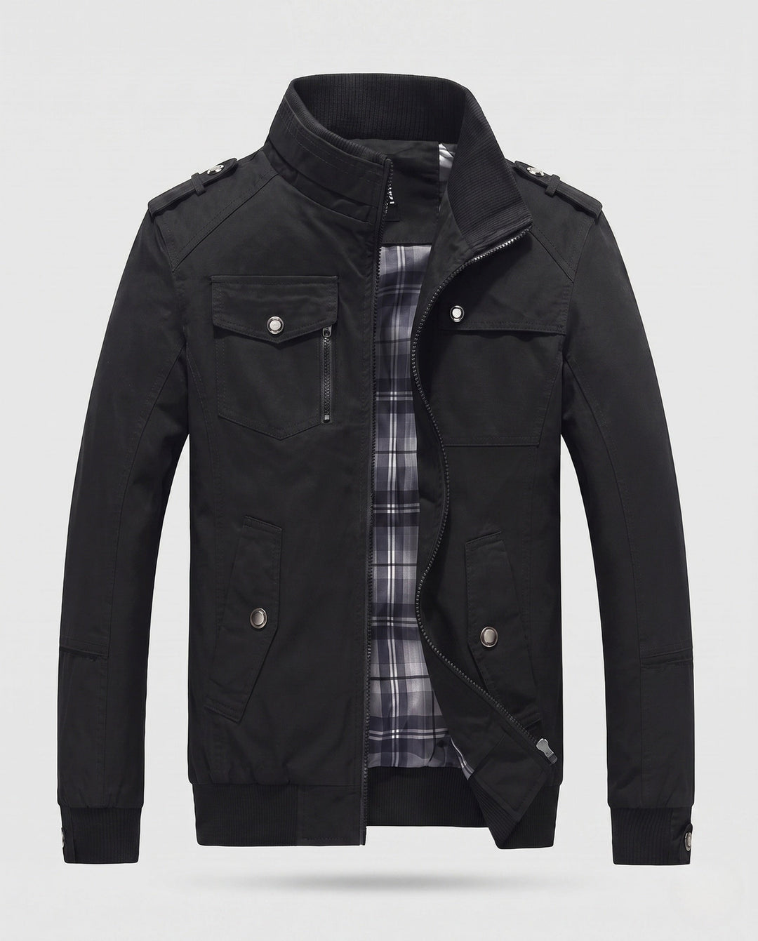 Herr Lätt Bomull Canvas Blouson med Rutig Foder och Ribbstickade Muddar