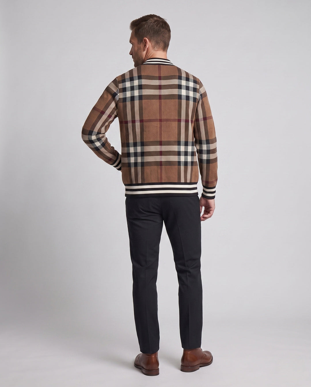 Herr Avslappnad Zip-Up Cardigan med Rutig Mönster