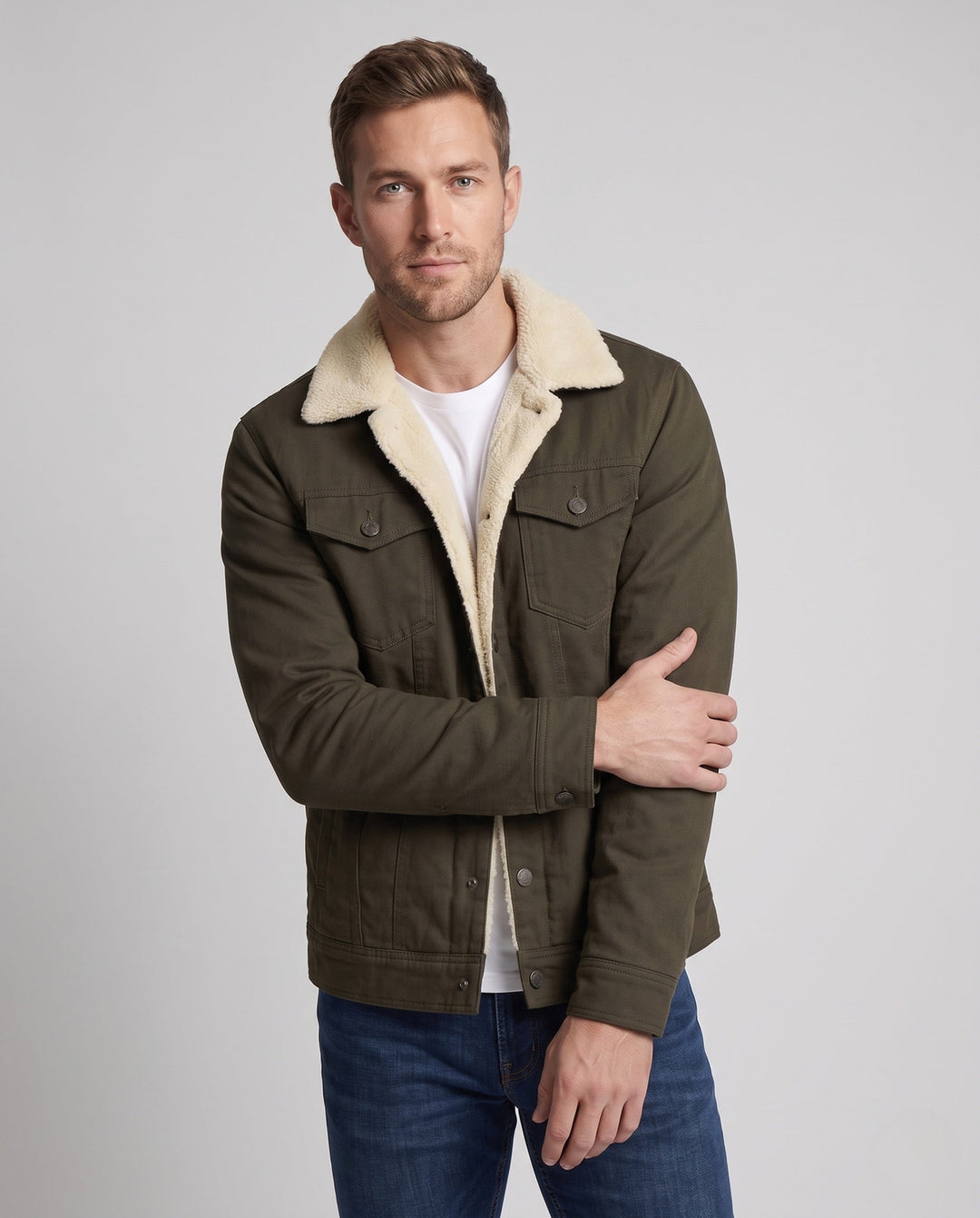 Herr Sherpa-Lined Canvas Jacka med Lapel Krage och Bröstfickor