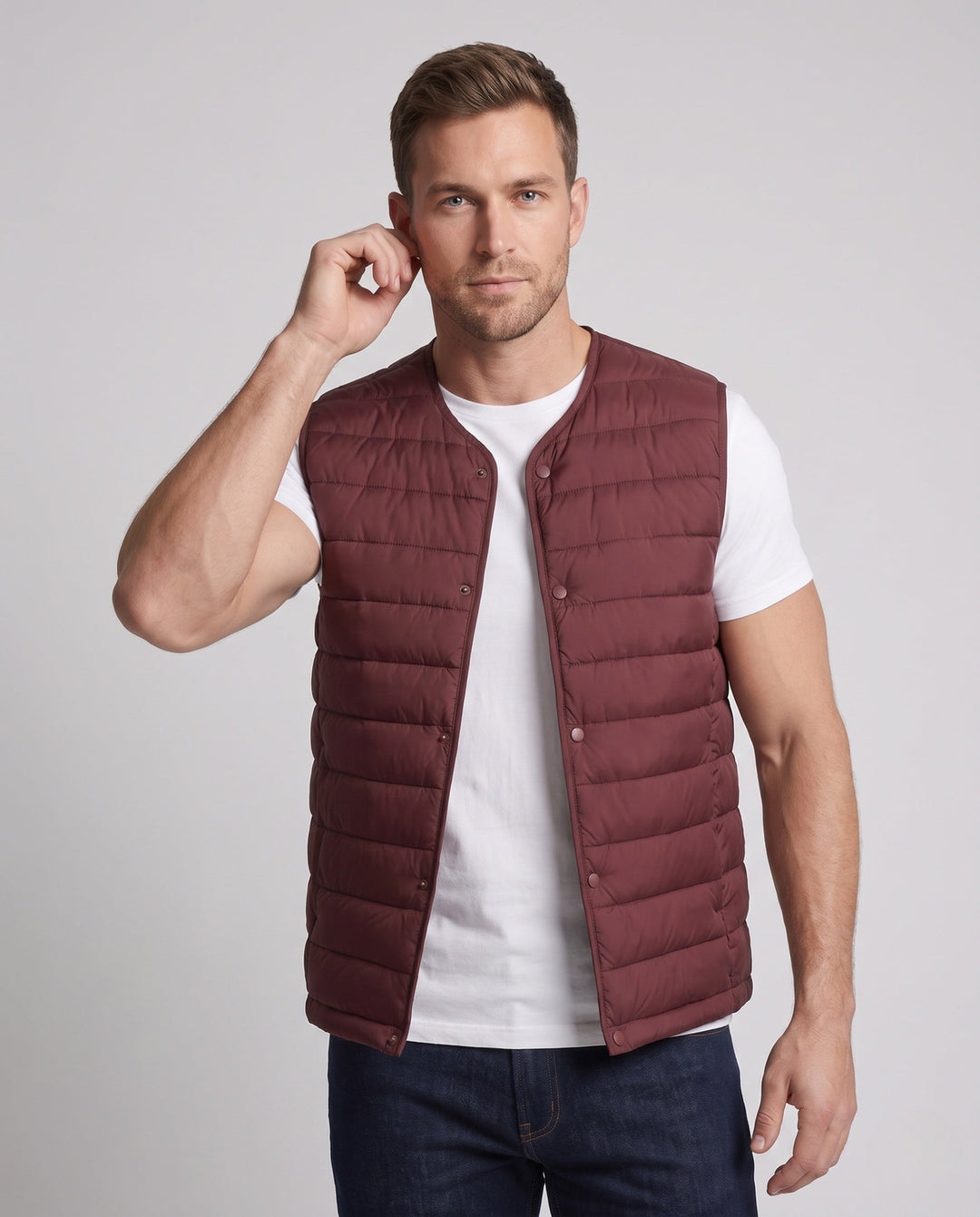Herr Sleeveless Vadderad Väst med Lätt Dun Look och Snap Knäppning