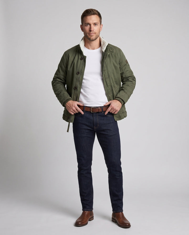 Herr Fältjacka i Kamouflage Look med Teddyfoder och Ståkrage