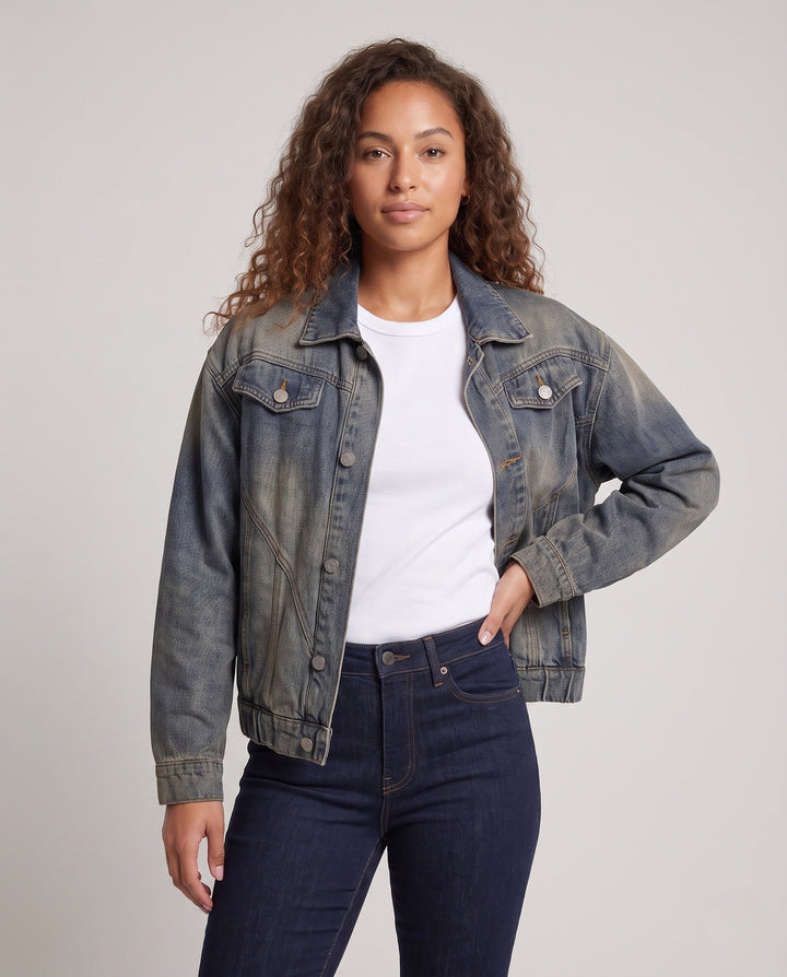 Dam oversize jeans jacka med elastic fåll, balloon ärmar &amp; shaped -seamed detaljer