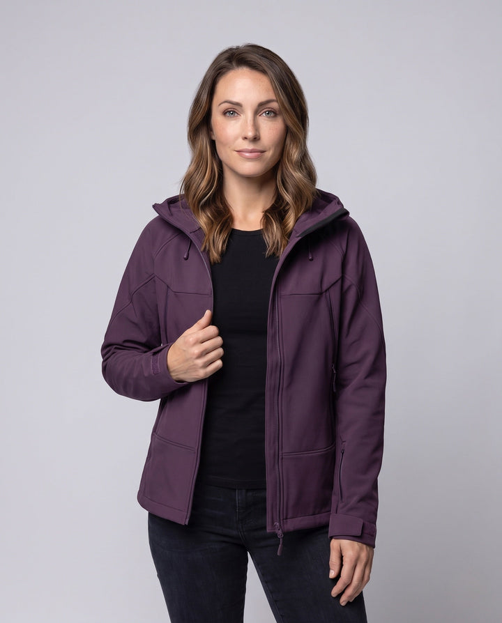 Dam softshell windbreaker med huva, två-way dragkedja och justerbar ärm muddar