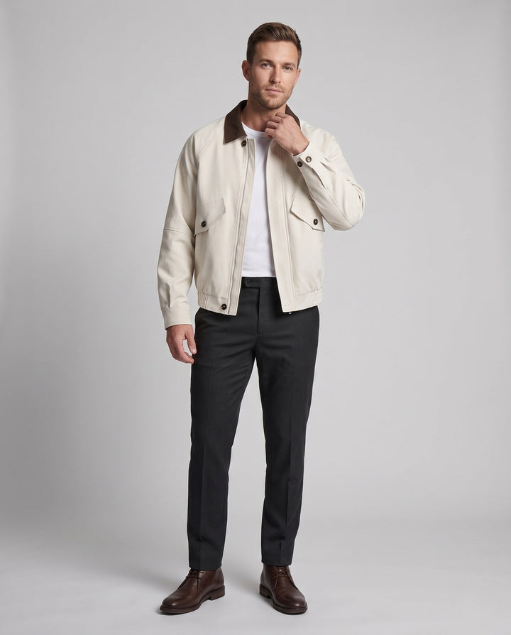 Herr Boxy Suede Look Fältjacka med Kontrast Krage, Lock Fickor och Elastisk Fåll