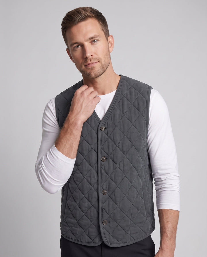 Herr Vadderad Quiltad Termisk Väst med V-Neck och Full Knapplist