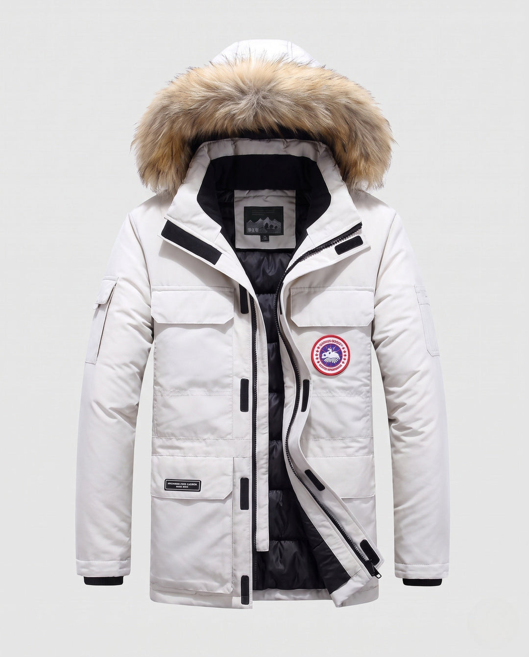 Herr Insulated Funktionell Parka med Huva, Faux Fur Trim och Flera Fickor