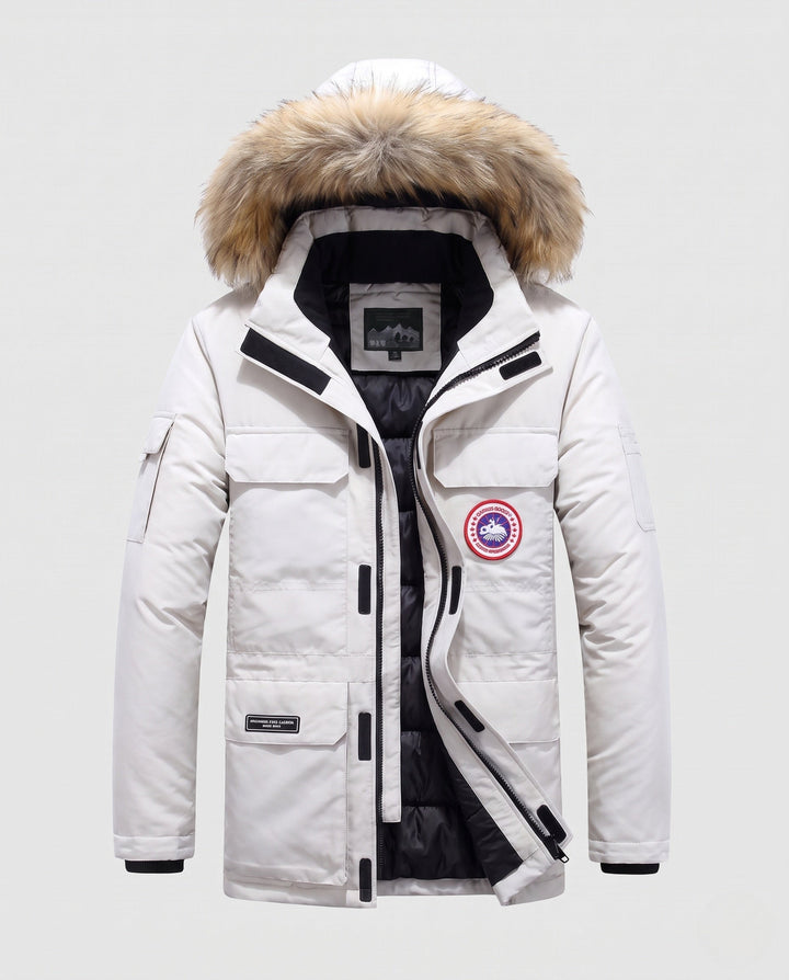Herr Insulated Funktionell Parka med Huva, Faux Fur Trim och Flera Fickor