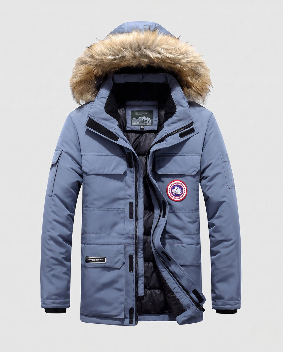 Herr Insulated Funktionell Parka med Huva, Faux Fur Trim och Flera Fickor