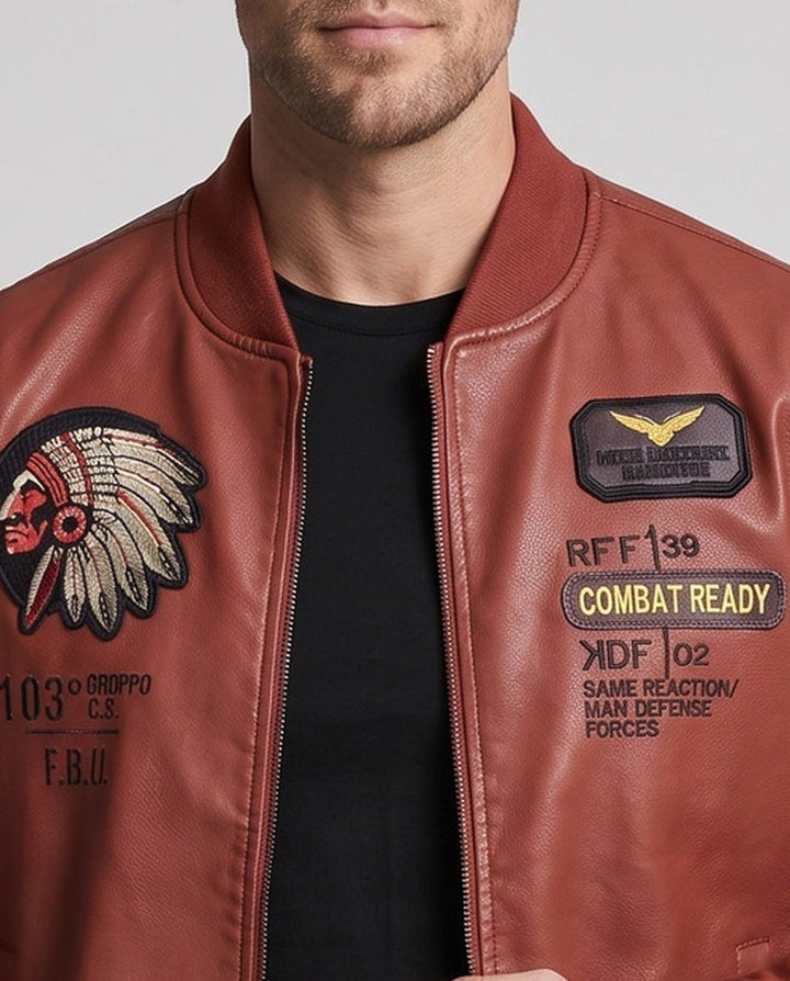 Herr Konstläder Pilot Jacka med Badge Applications och Teddyfoder