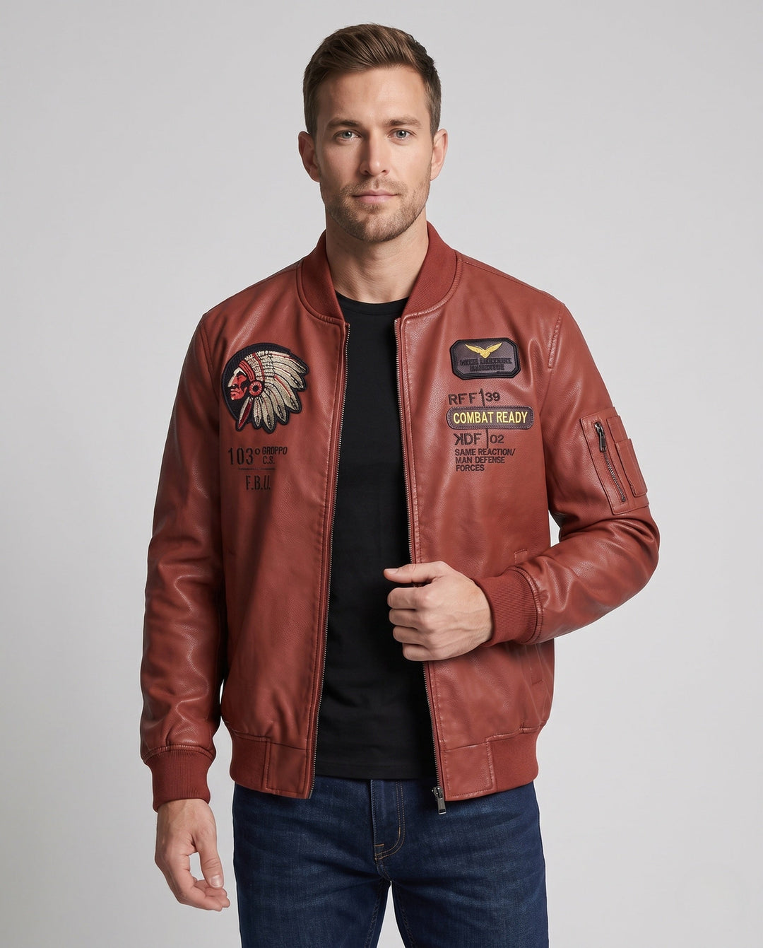 Herr Konstläder Pilot Jacka med Badge Applications och Teddyfoder