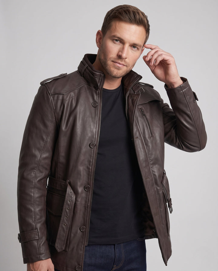 Herr Long Konstläder Parka med Teddyfoder, Utility Fickor och Stående Krage