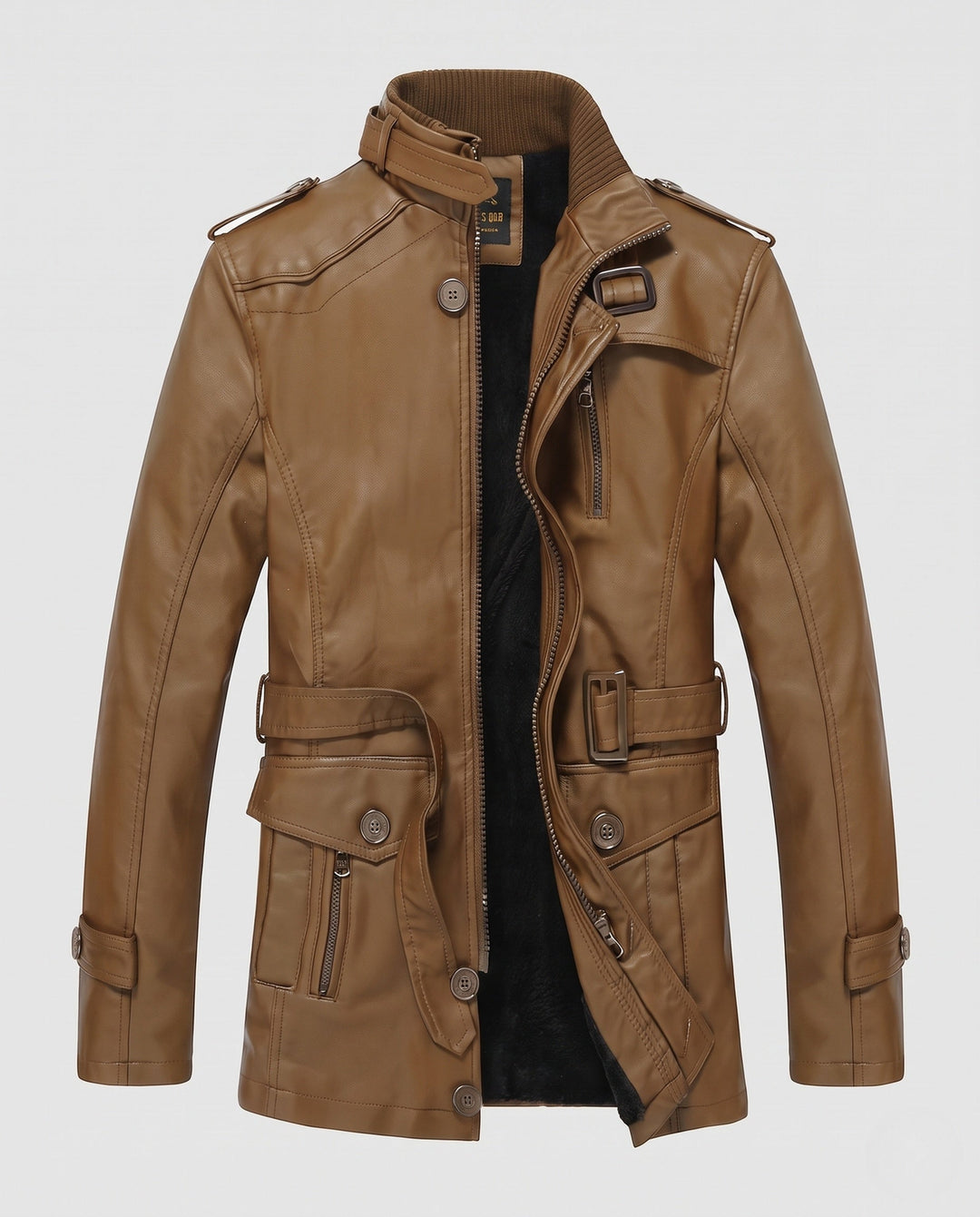 Herr Long Konstläder Parka med Teddyfoder, Utility Fickor och Stående Krage