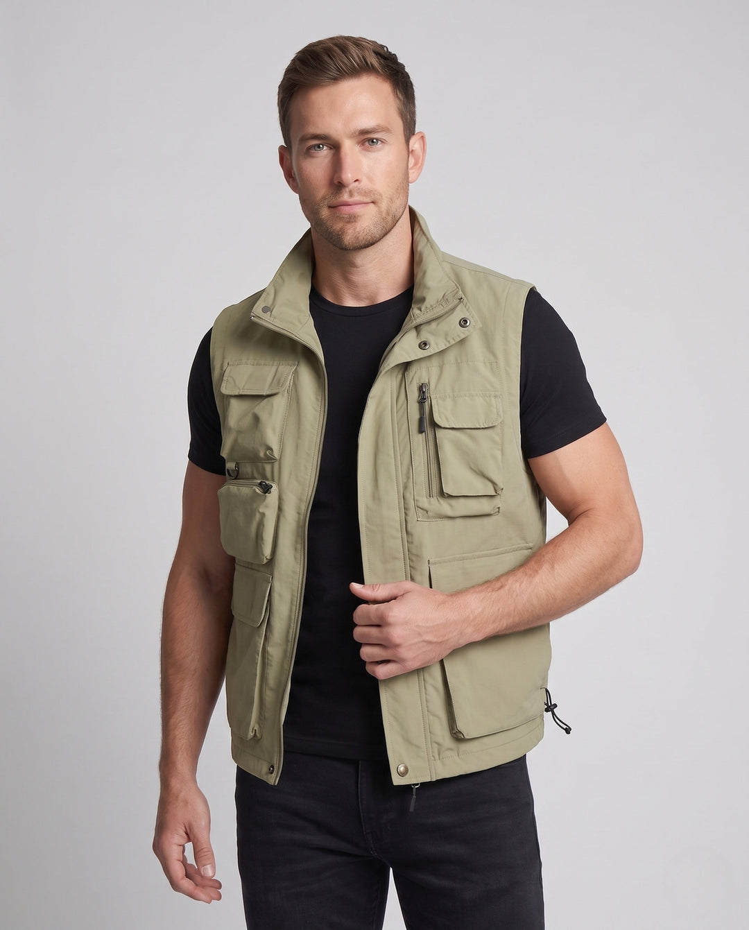Herr Multifunctional Utility Väst med Multi-Pockets och Stående Krage