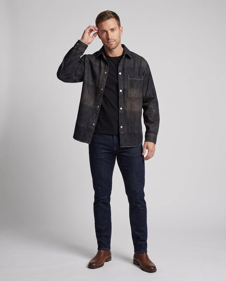Herr Oversized Utility Look Denim Skjortjacka med Tryckknappslå och Attached Bröstficka