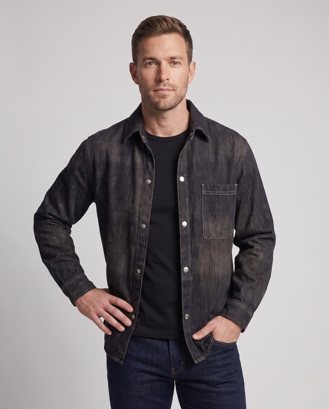 Herr Oversized Utility Look Denim Skjortjacka med Tryckknappslå och Attached Bröstficka
