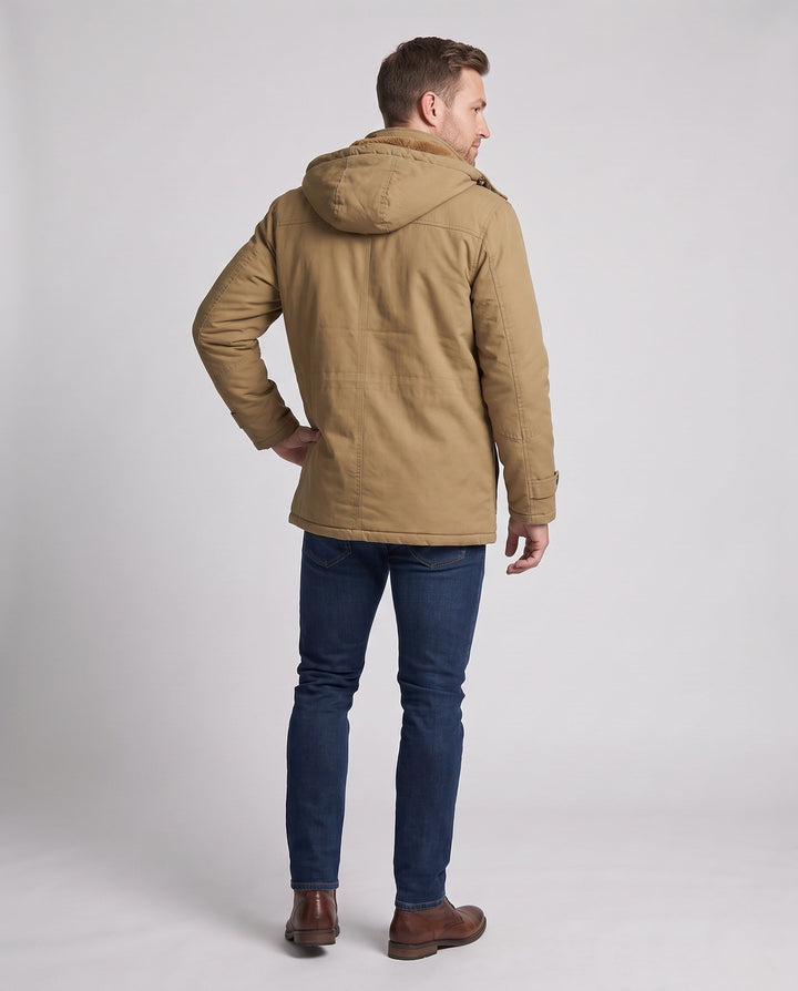 Herr Robust Canvas Fältjacka med Huva, Multi-Pockets och Tailored Passform