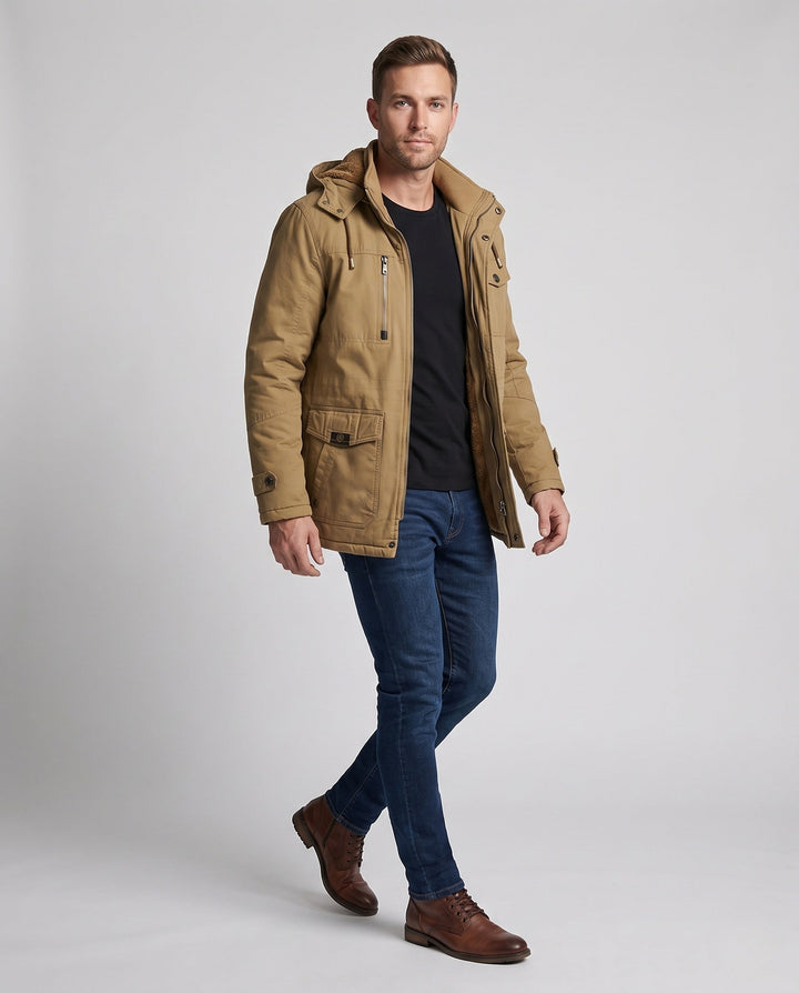 Herr Robust Canvas Fältjacka med Huva, Multi-Pockets och Tailored Passform
