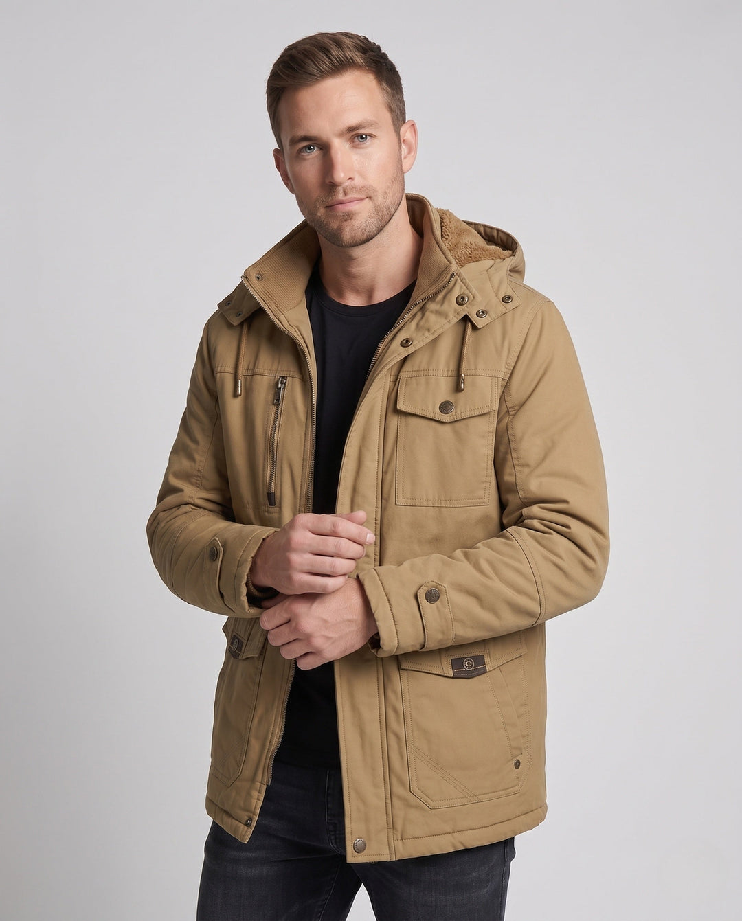 Herr Robust Canvas Fältjacka med Huva, Multi-Pockets och Tailored Passform