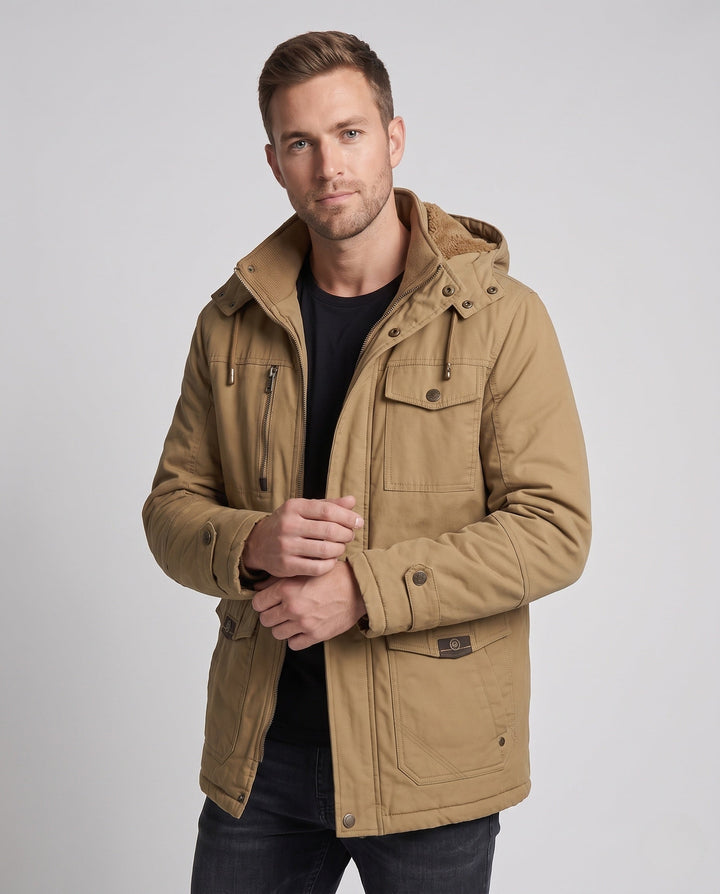 Herr Robust Canvas Fältjacka med Huva, Multi-Pockets och Tailored Passform