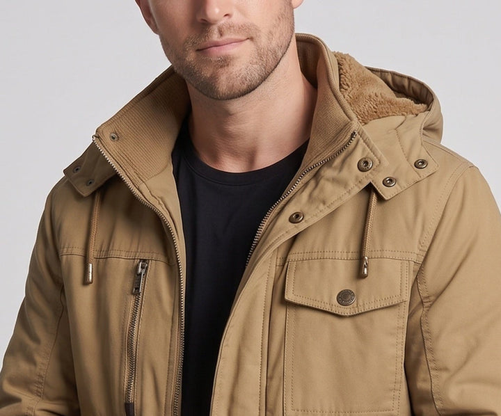 Herr Robust Canvas Fältjacka med Huva, Multi-Pockets och Tailored Passform