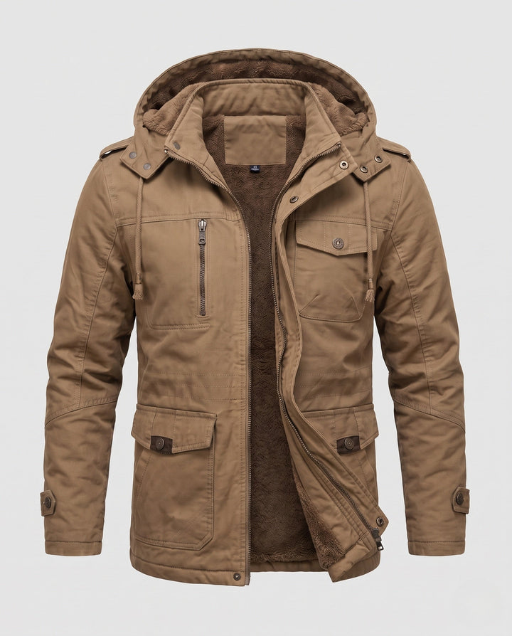 Herr Robust Canvas Fältjacka med Huva, Multi-Pockets och Tailored Passform