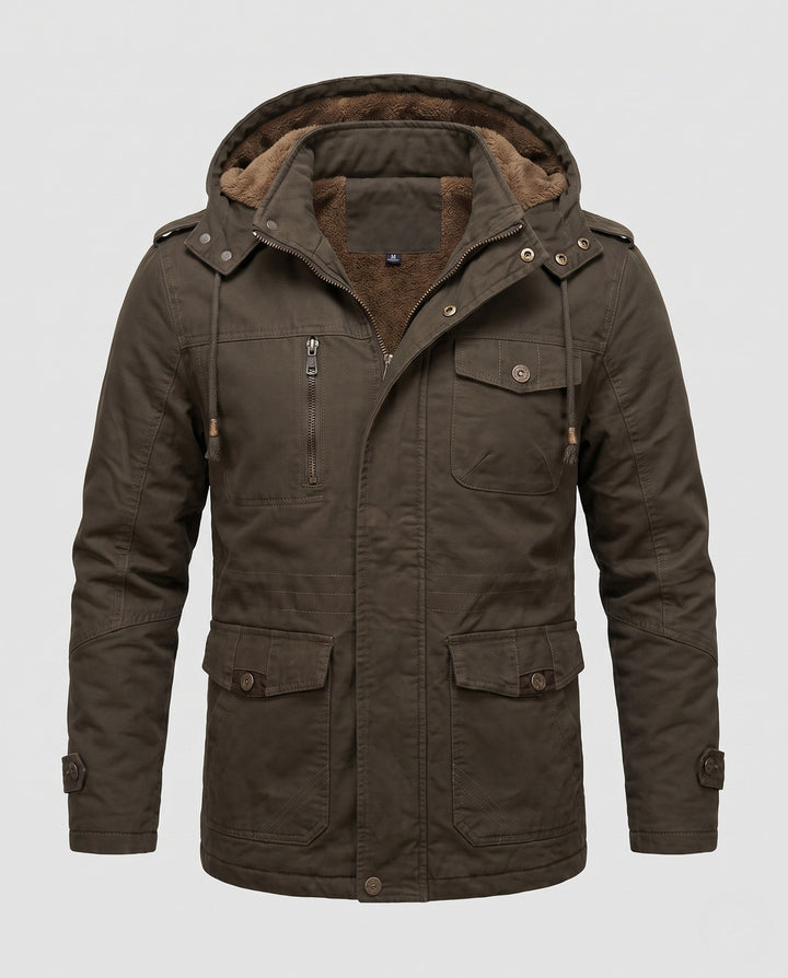 Herr Robust Canvas Fältjacka med Huva, Multi-Pockets och Tailored Passform