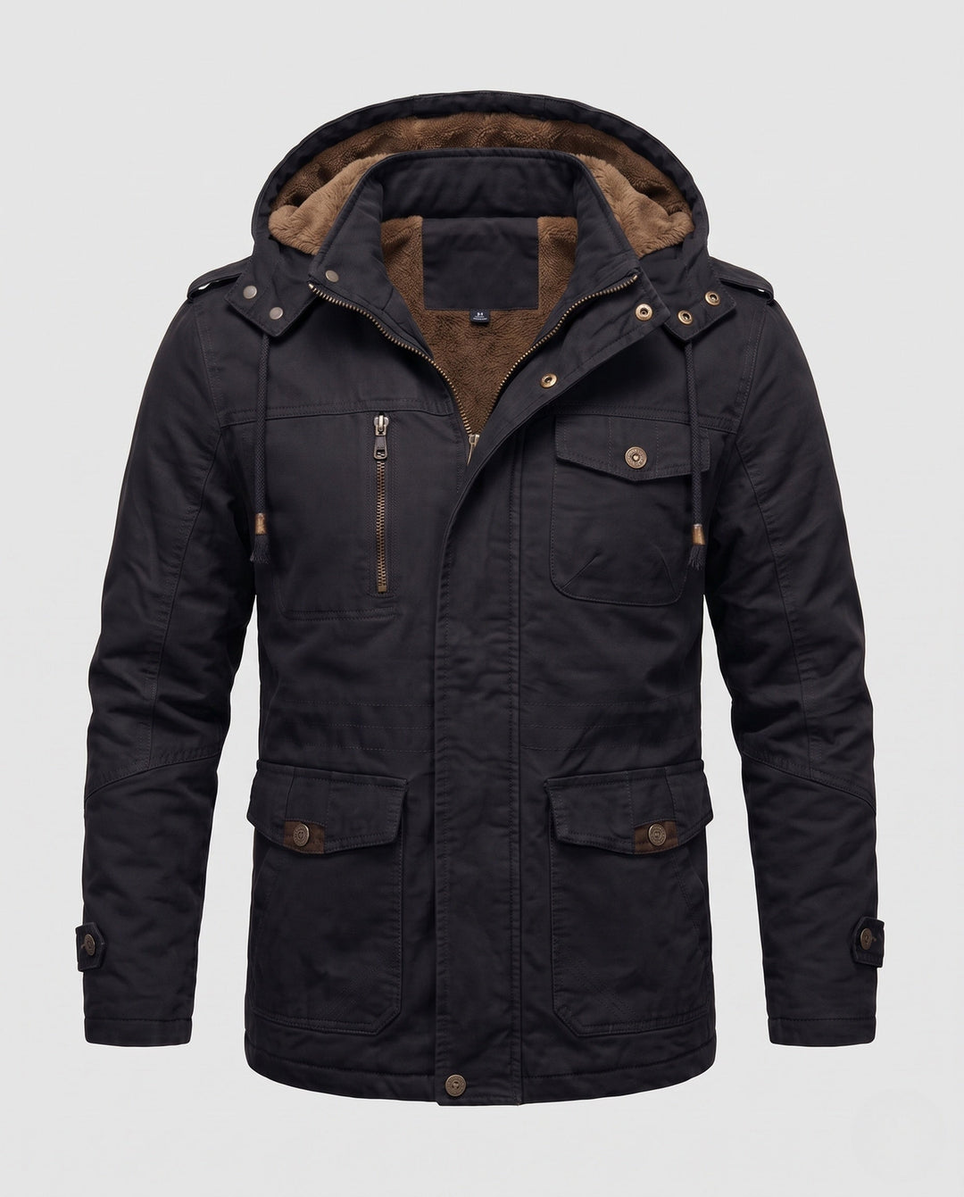 Herr Robust Canvas Fältjacka med Huva, Multi-Pockets och Tailored Passform