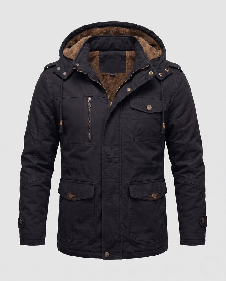 Herr Robust Canvas Fältjacka med Huva, Multi-Pockets och Tailored Passform