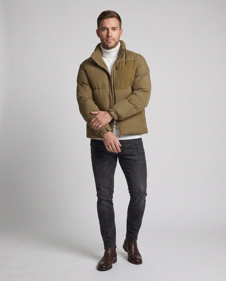 Herr Urban Short Puffer med Hög Ståkrage, Bröst Zip och Vindskyddande Skal