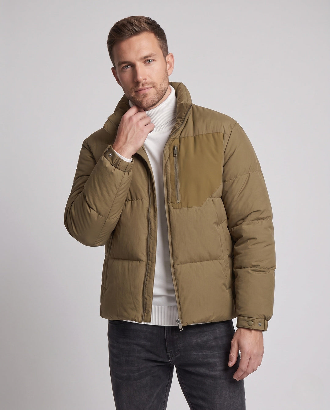 Herr Urban Short Puffer med Hög Ståkrage, Bröst Zip och Vindskyddande Skal