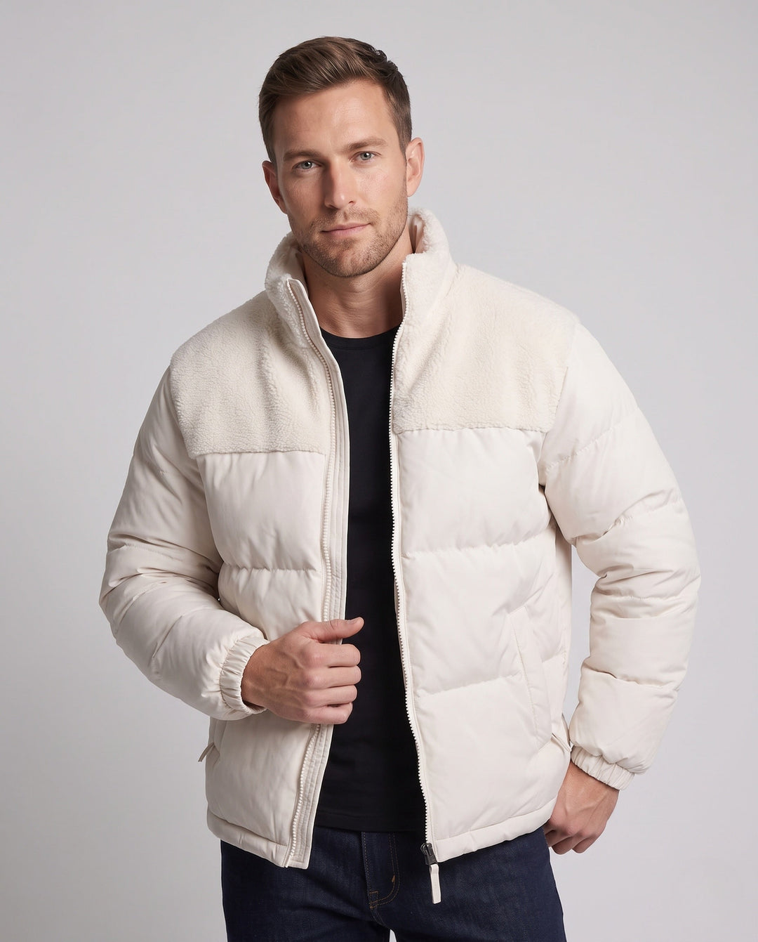 Herr Reversible Vadderad Quiltad Jacka med Teddy Trim och Hög Stående Krage