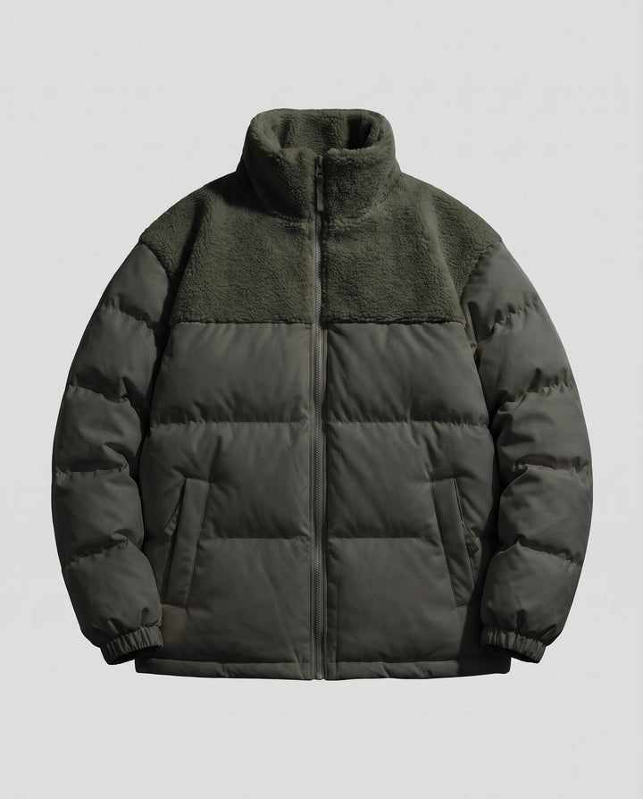 Herr Reversible Vadderad Quiltad Jacka med Teddy Trim och Hög Stående Krage