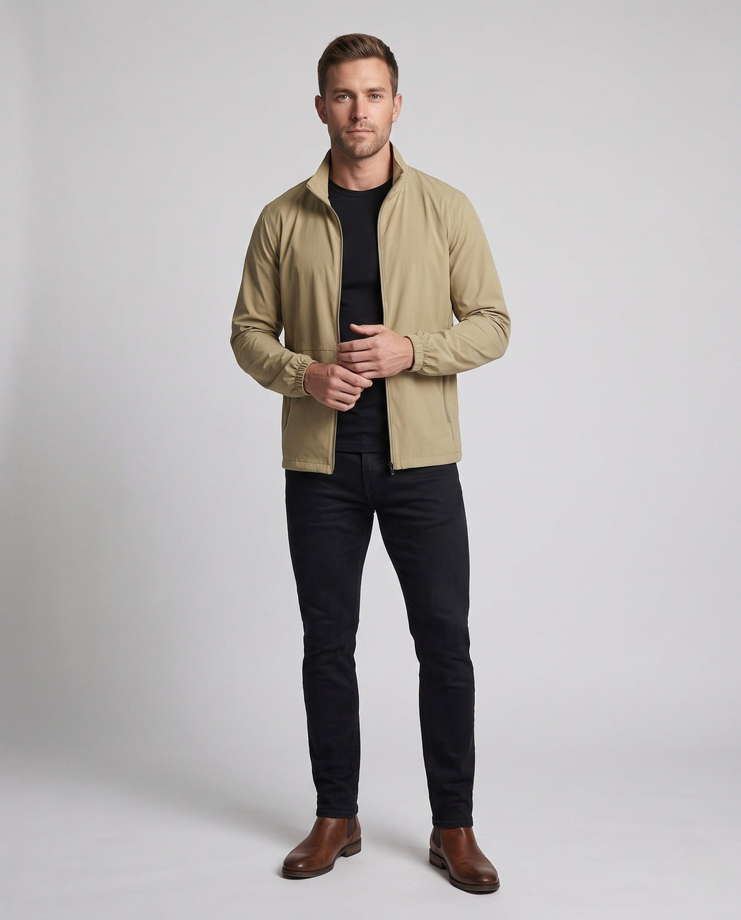 Unisex Ultraleichte Zip-Übergangsjacke mit Stehkragen, Reißverschlusstaschen &amp; windabweisendem material