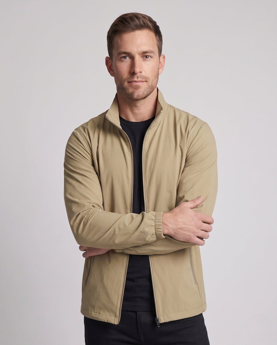 Unisex Ultraleichte Zip-Übergangsjacke mit Stehkragen, Reißverschlusstaschen &amp; windabweisendem material
