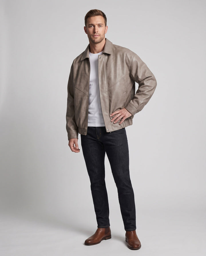 Herr Fashion Läder Jacka med Stående Krage 1788321927