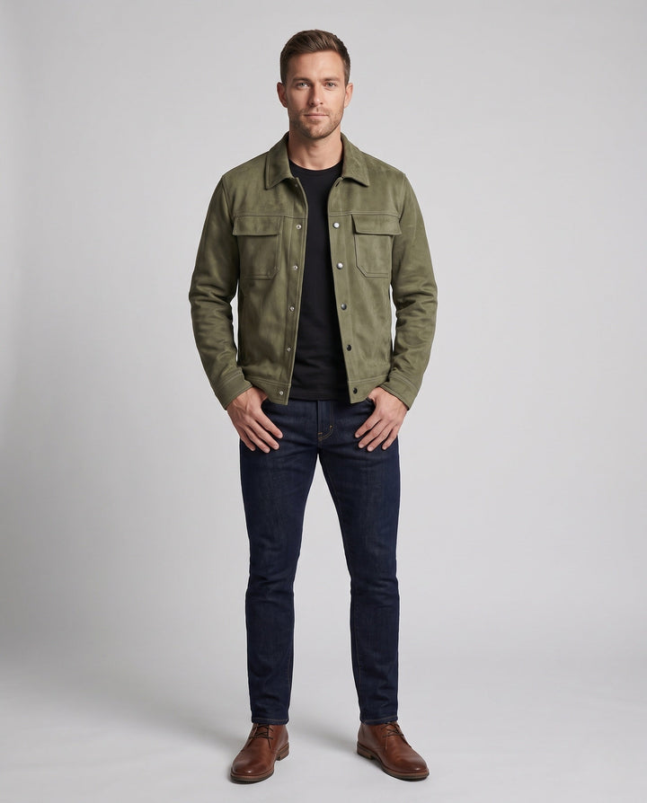 Herr Fashion Suede Jacka med Praktisk Fickor