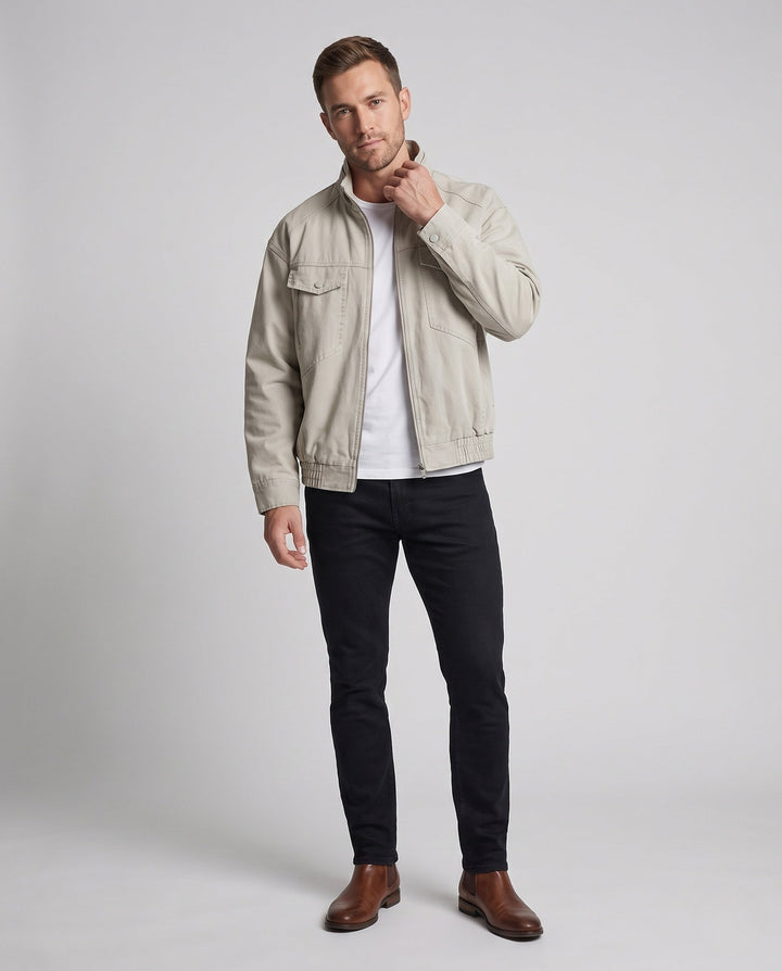 Herr Oversized Utility Övergång Jacka med Ståkrage, Elastisk Fåll och Bröstfickor