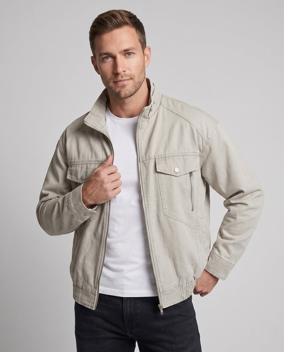 Herr Oversized Utility Övergång Jacka med Ståkrage, Elastisk Fåll och Bröstfickor