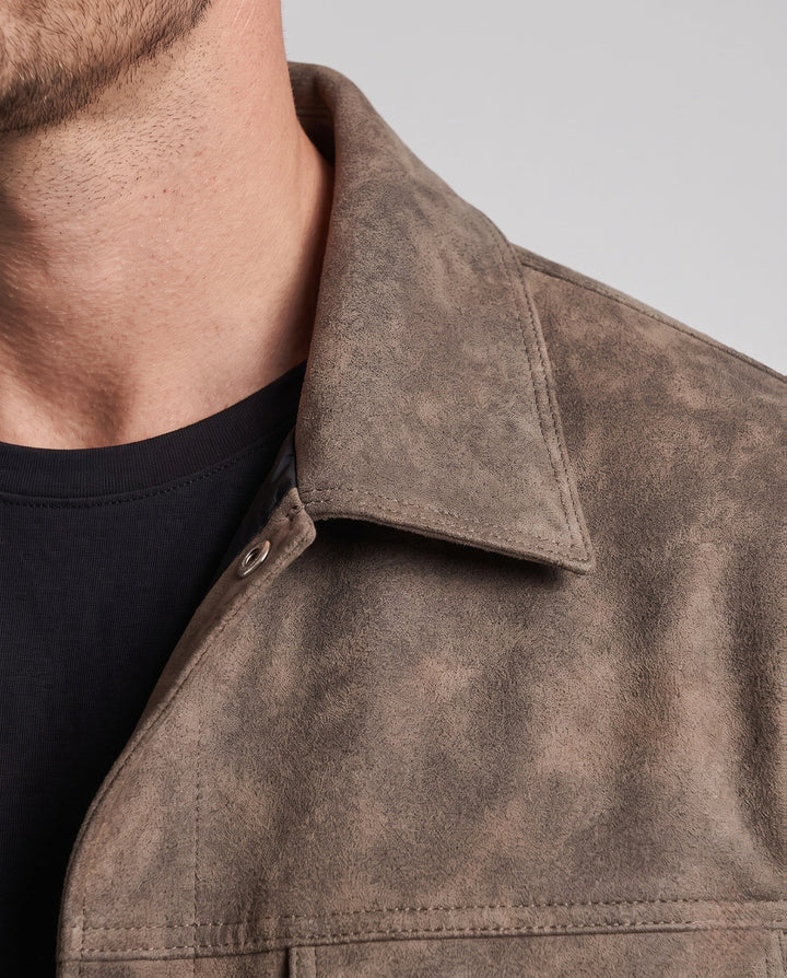 Herr Oversize Worker Jacka Tillverkad av Suede Läder Imitation med Tryckknappslå och Patch Breast Fickor