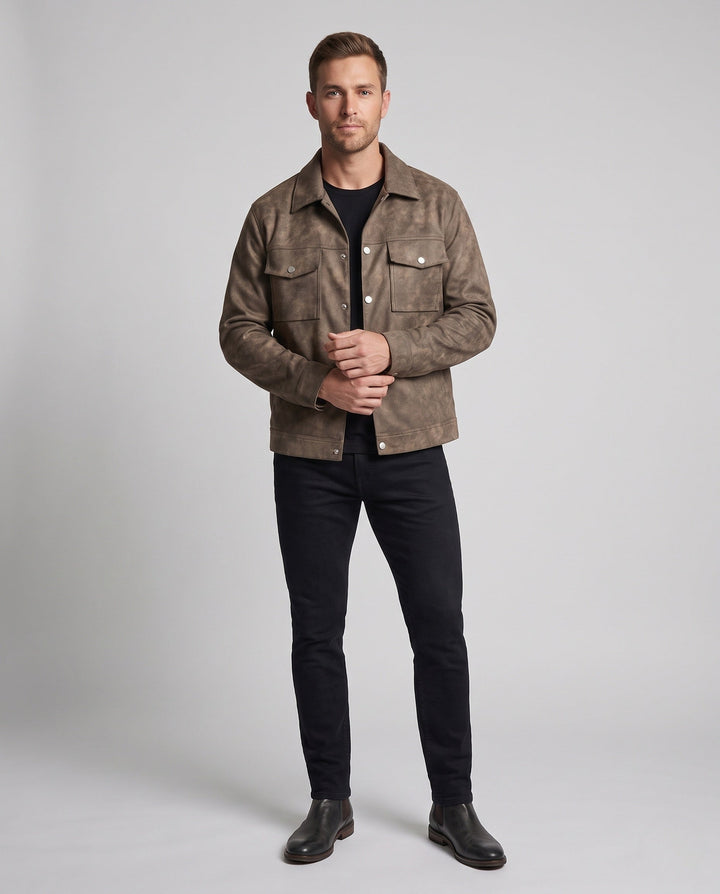Herr Oversize Worker Jacka Tillverkad av Suede Läder Imitation med Tryckknappslå och Patch Breast Fickor