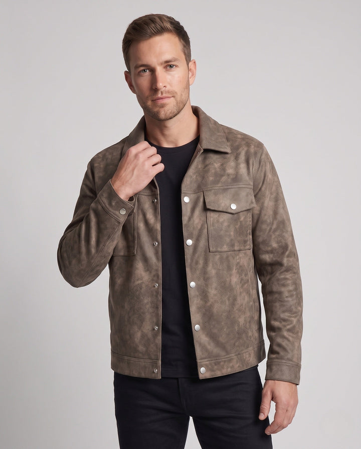 Herr Oversize Worker Jacka Tillverkad av Suede Läder Imitation med Tryckknappslå och Patch Breast Fickor